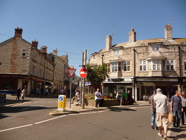 Swanage town centre — the High Street with characteristic Purbeck stone architecture